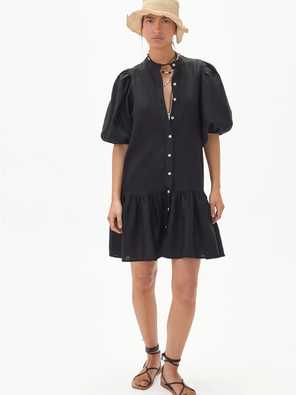 Marcella cotton puff sleeve poplin button front dress black size medium